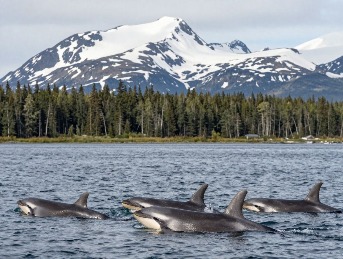Группа китов-горбачей в чистой воде Аляски на фоне снежных гор и вечнозелёных лесов