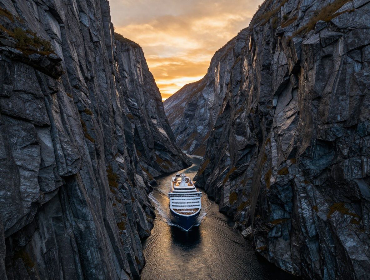 Круизный лайнер на фоне отвесных снежных гор и ледника на Аляске в лучах закатного солнца