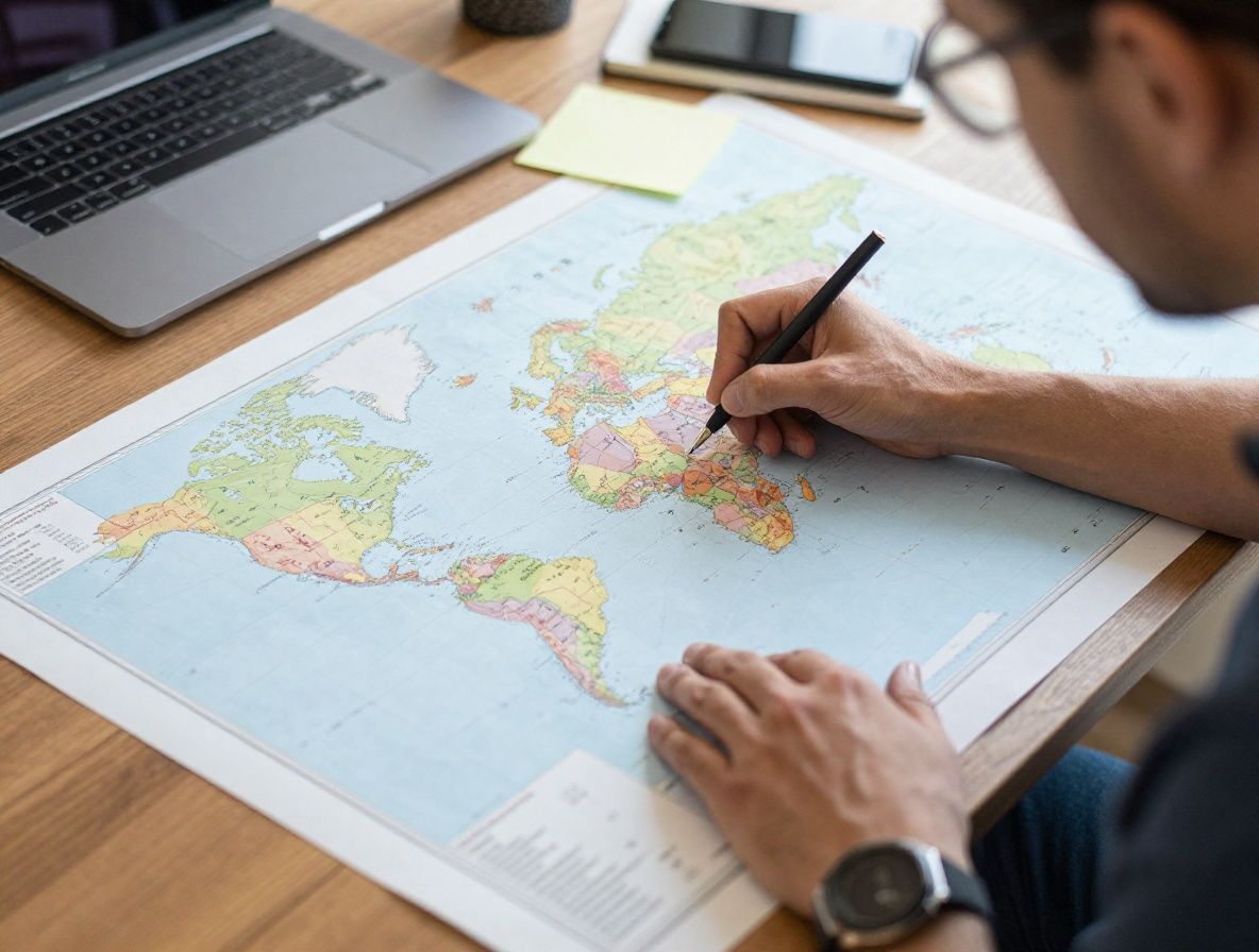 Пара, изучающая карту круизных маршрутов на большом интерактивном экране в офисе путешествий в Майами