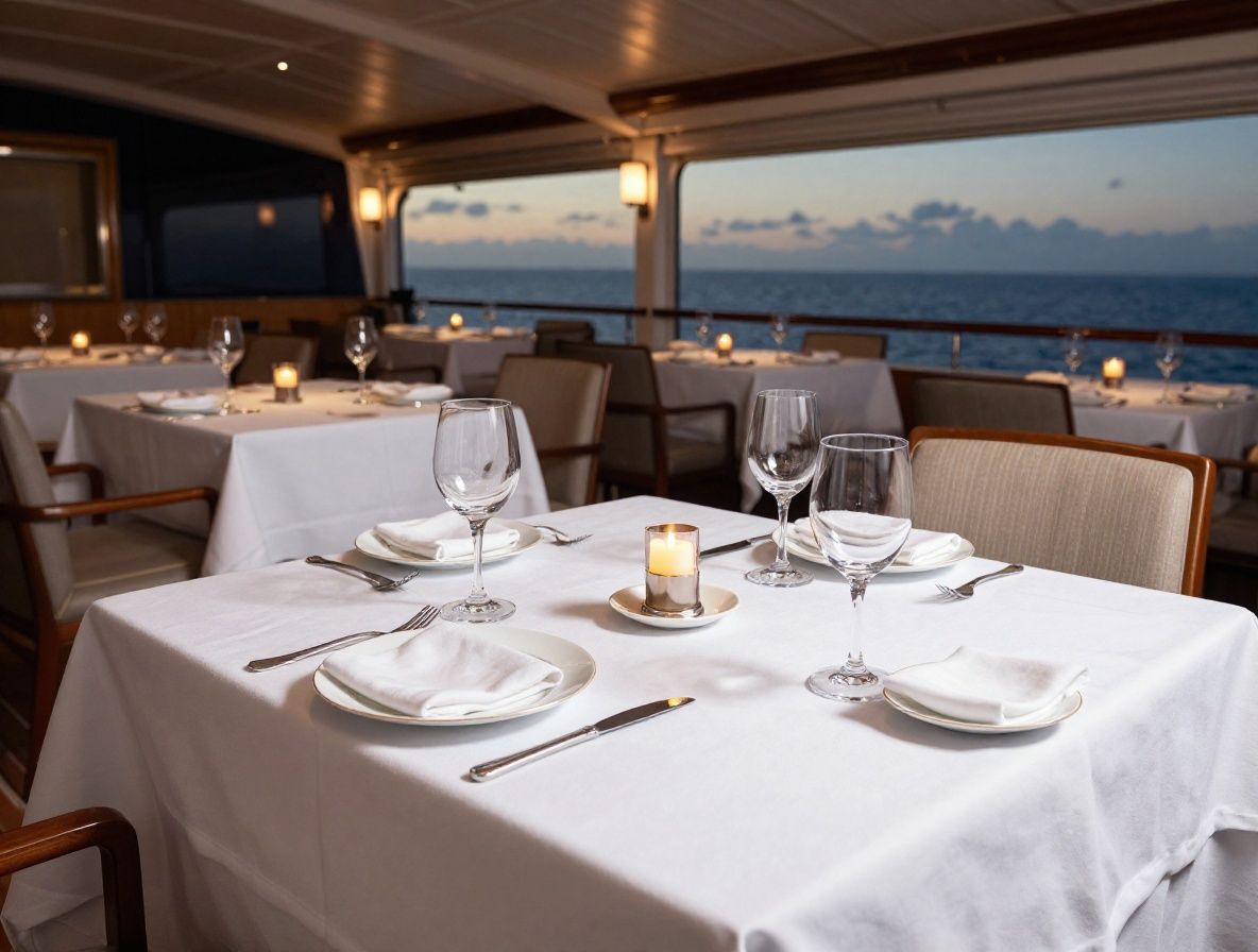 Элегантная столовая люкс-каюты на океанском лайнере с панорамным видом на море, сервированный стол и мягкое освещение