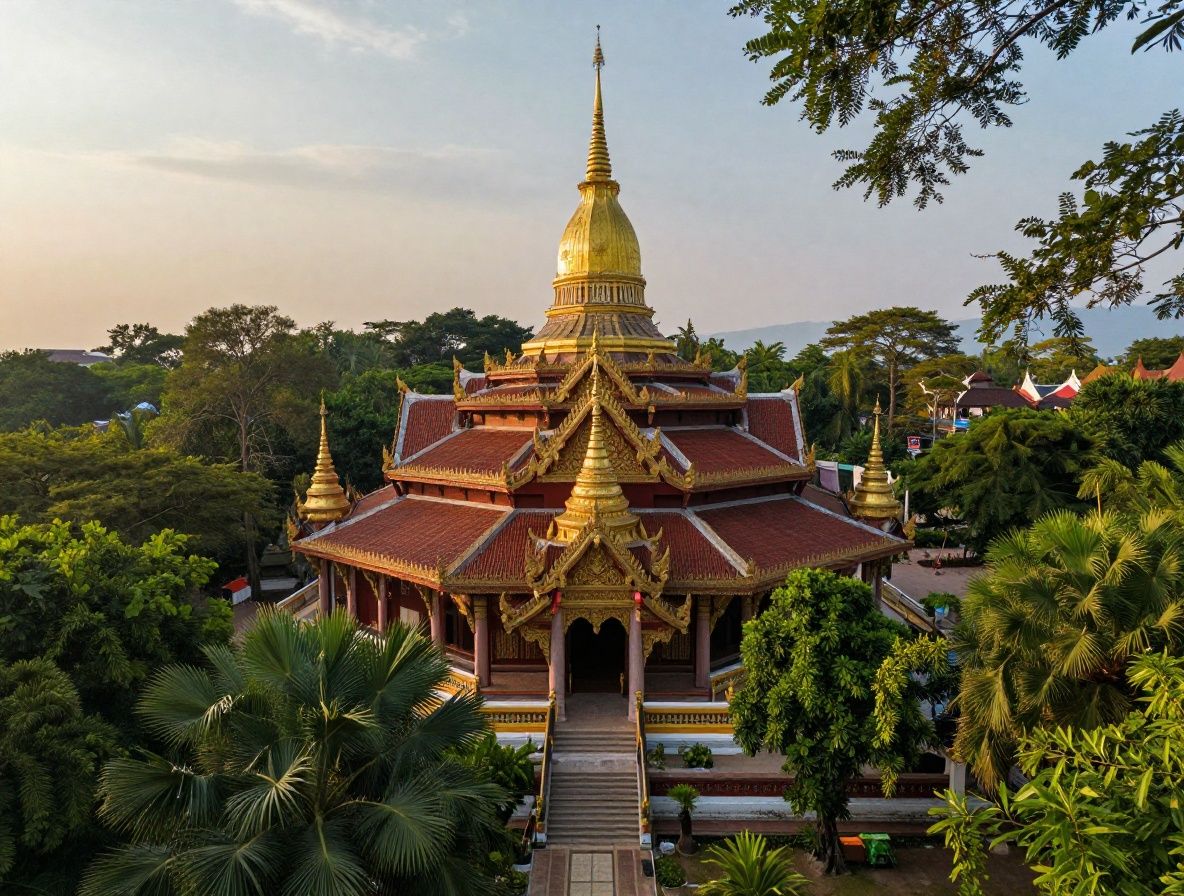 Буддийский храм с позолоченными шпилями на берегу бухты в Таиланде в окружении тропических деревьев и закатного неба