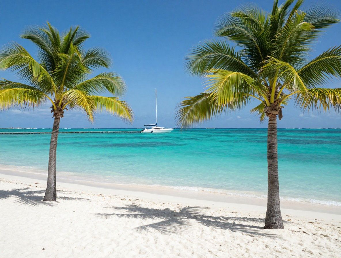 Идеальный карибский пляж с белым песком, прозрачной бирюзовой водой и пальмами на фоне яхт