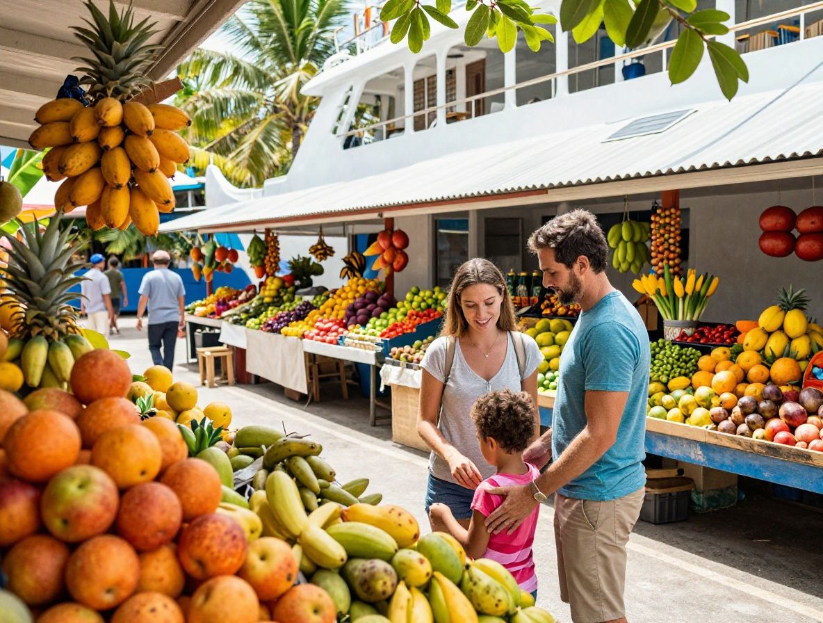Яркий тропический карибский порт с бирюзовой водой, пальмами и причалившим белым круизным лайнером