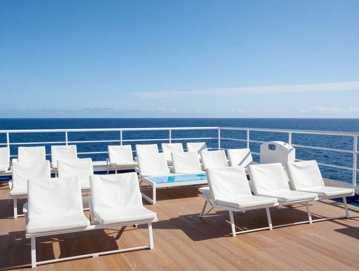 Роскошная палуба круизного лайнера с бассейном, шезлонгами и видом на открытый океан в солнечный день