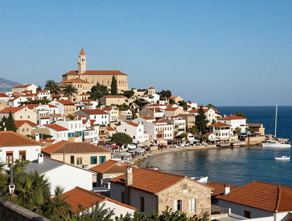 Живописная береговая линия Средиземного моря с древними постройками, яркими крышами и причалившим парусником