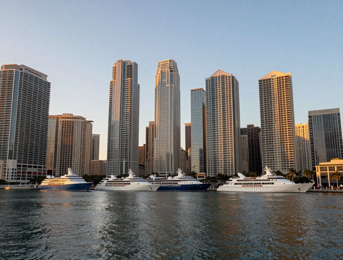 Воздушный вид на порт Майами с несколькими огромными круизными лайнерами у причалов и городским горизонтом на заднем плане