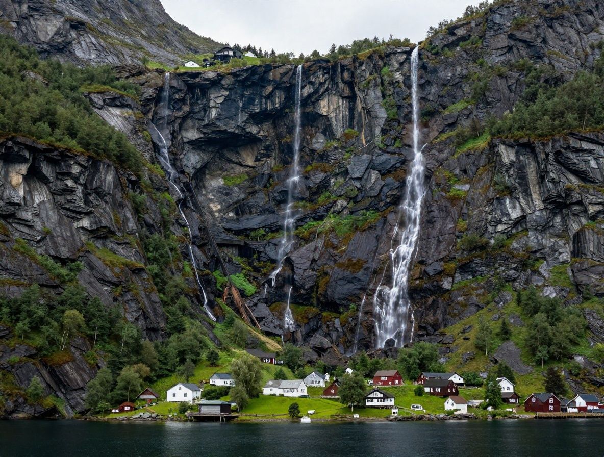 Круизный лайнер среди величественных зелёных норвежских фьордов с водопадами, спускающимися по отвесным скалам в тихую воду